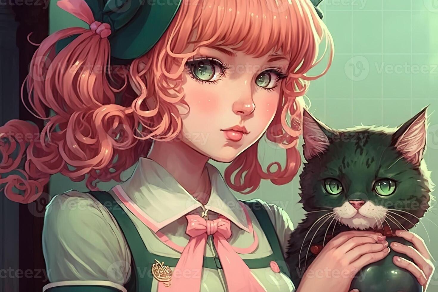 mooi anime school- meisje met een kat op zoek Bij u illustratie generatief ai foto