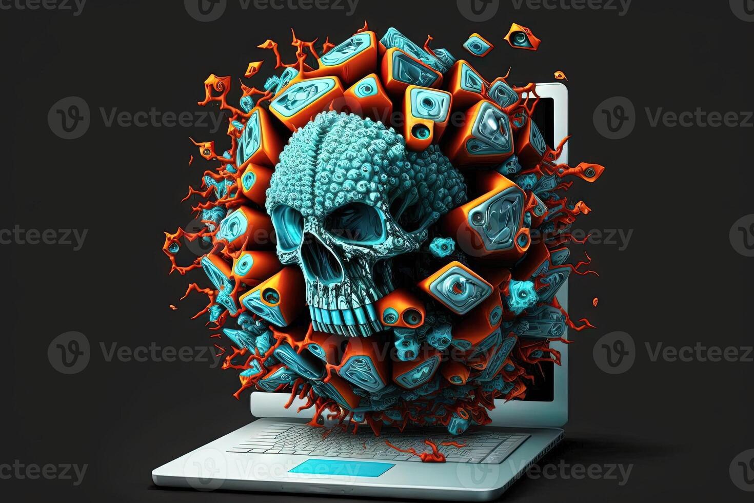 abstract concept van hacker aanval, virus geïnfecteerde software, donker web en cyber veiligheid illustratie generatief ai foto