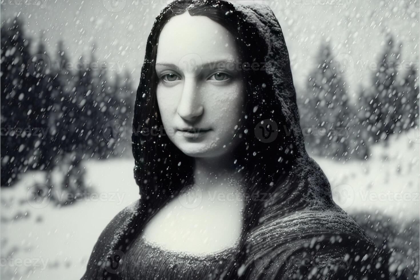 modern stijl mona lisa portret onder de sneeuw illustratie generatief ai foto