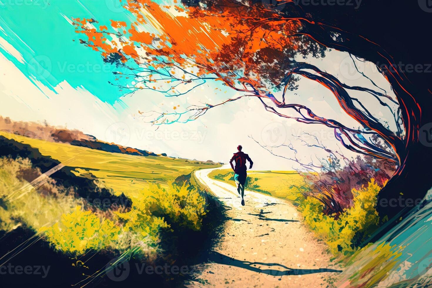 persoon rennen Aan een toneel- spoor door een natuurlijk landschap, met levendig kleuren en dynamisch beweging overbrengen een zin van energie en vitaliteit illustratie generatief ai foto