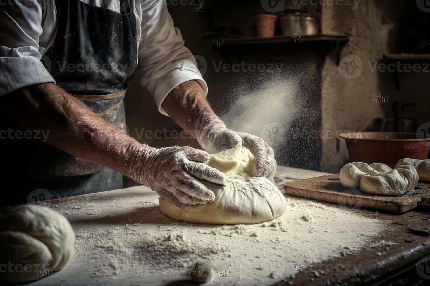 Mens voorbereidingen treffen brood deeg Aan houten tafel in een bakkerij dichtbij omhoog oud Mens kneden deeg, maken brood gebruik makend van traditioneel recept, geïsoleerd Aan zwart achtergrond illustratie generatief ai foto