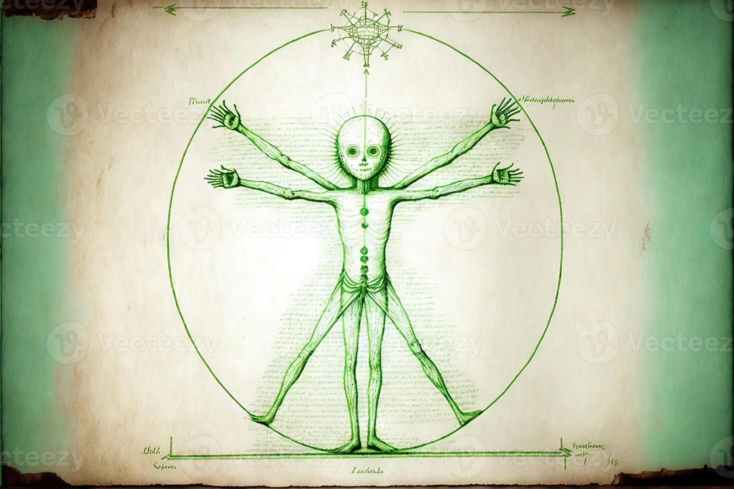 vitruvian Mens buitenaards wezen hybride schetsen geïsoleerd illustratie generatief ai foto