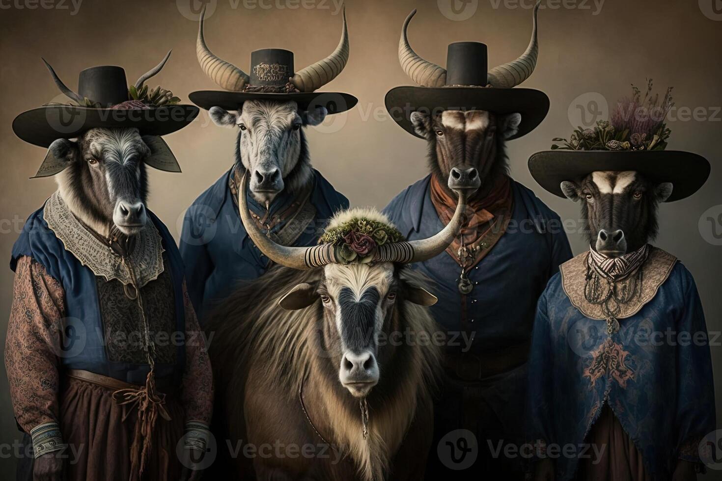 GNU dieren gekleed in Victoriaans tijdperk kleding illustratie generatief ai foto