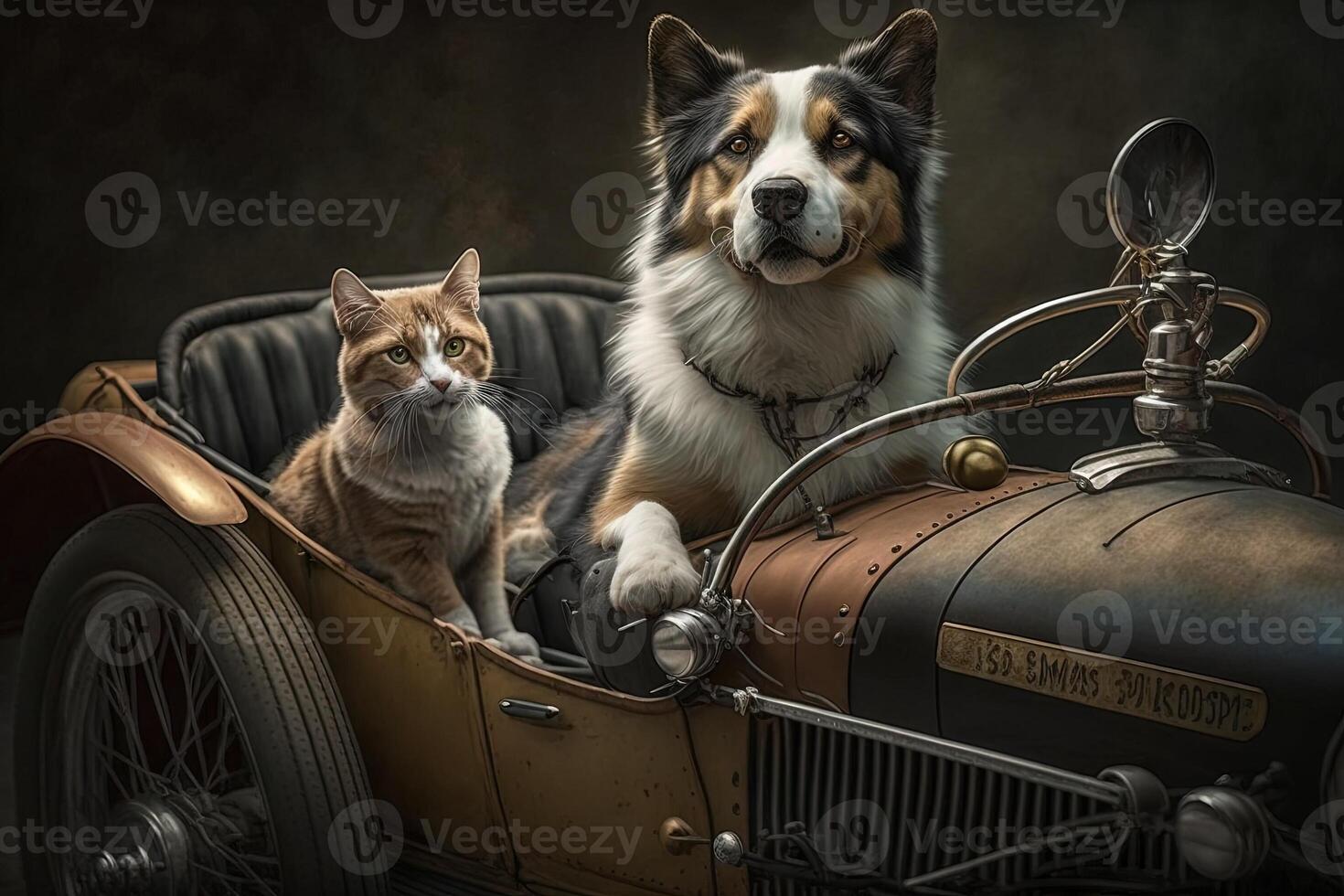 hond en kat Aan oud auto zijspan illustratie generatief ai foto