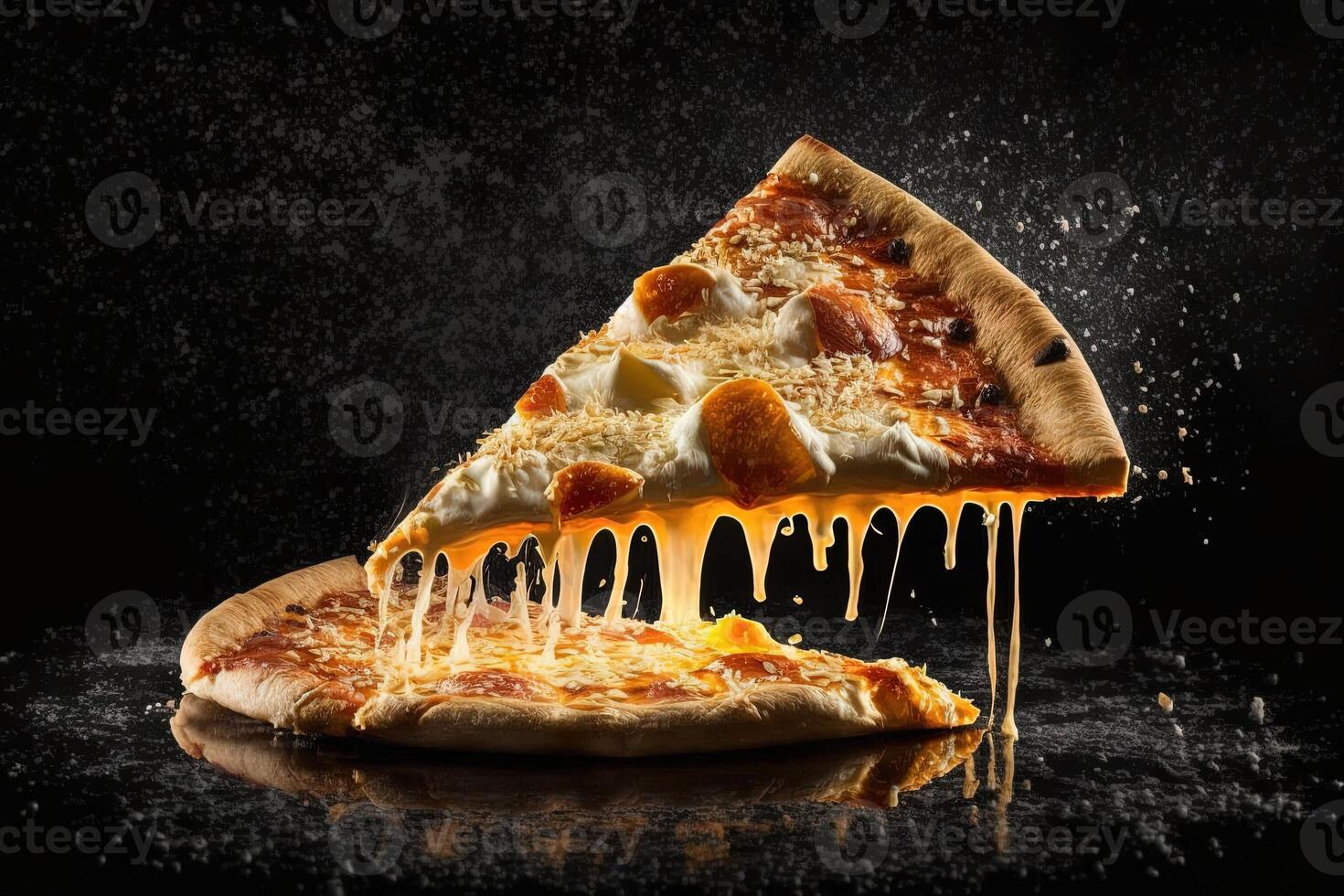 stuk van vers gebakken pizza kaas gesmolten Aan zwart achtergrond illustratie generatief ai foto