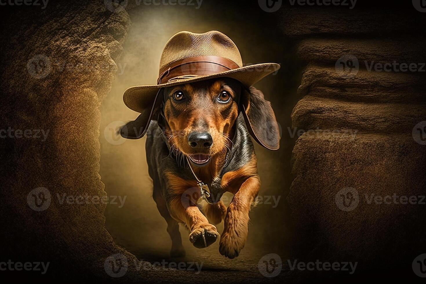 teckel hond archeoloog met hoed en zweep ontsnappen van Gevaar illustratie generatief ai foto