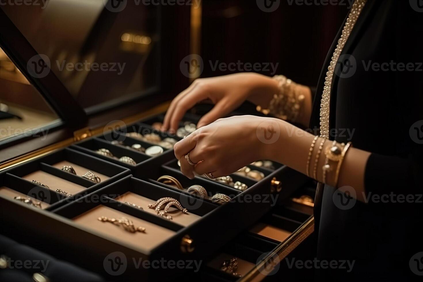 detail van handen van vrouw buying luxe sieraden op te slaan illustratie generatief ai foto