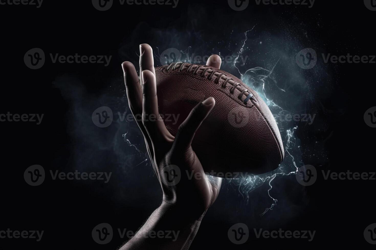 energie detail van Amerikaans Amerikaans voetbal Aan speler handen sportman in actie. vangen de bal illustratie generatief ai foto