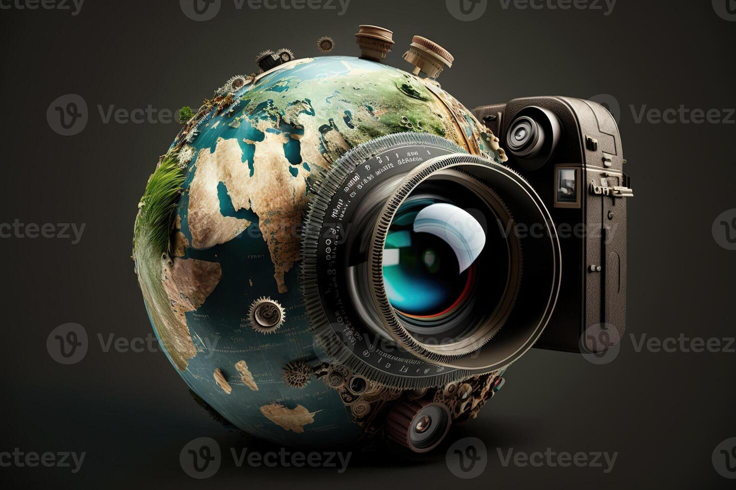 wereld fotografie dag aarde wereldbol in het formulier van camera illustratie generatief ai foto