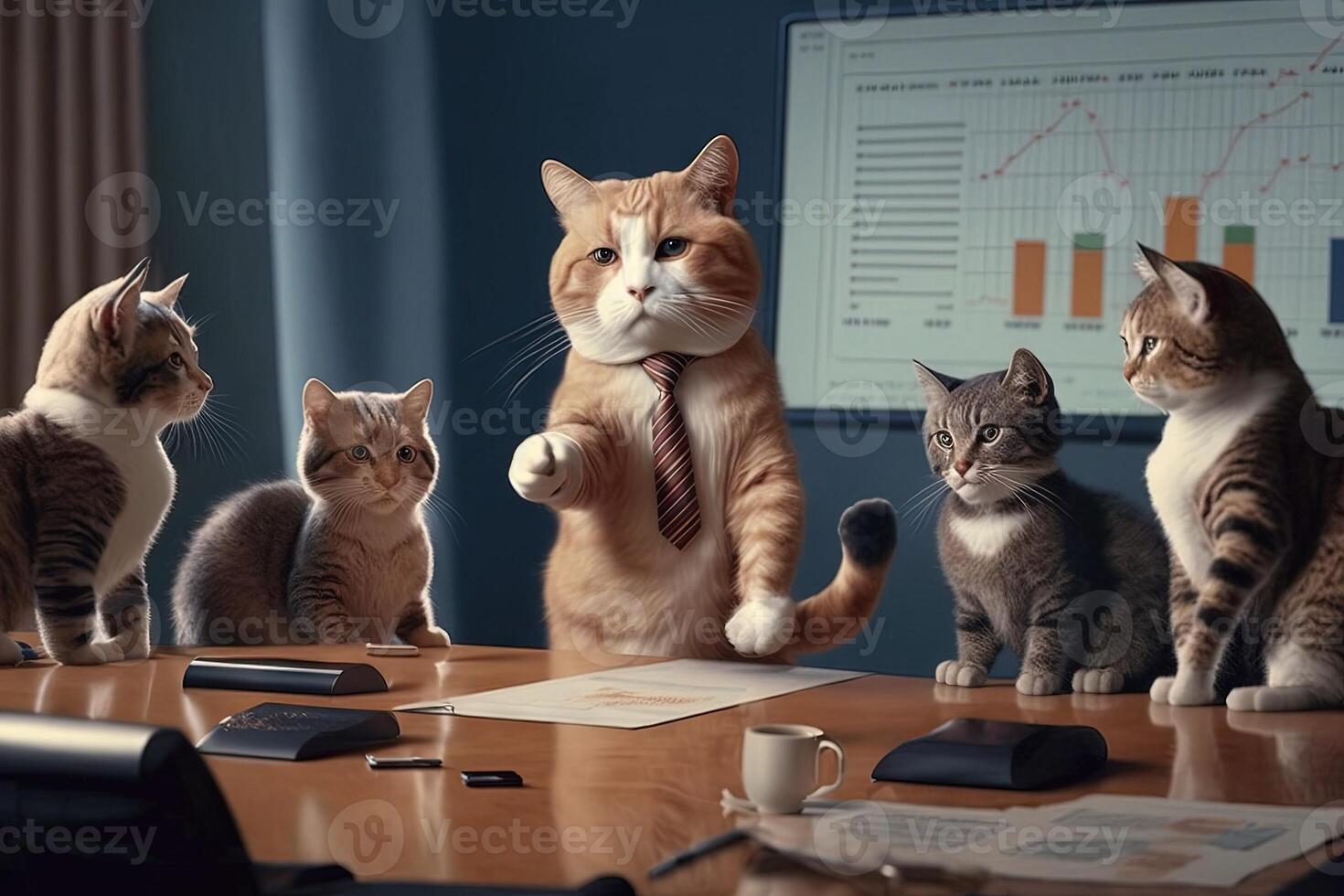 katten zittend in de omgeving van een bestuurskamer tafel, gekleed in bedrijf pakken, een van hen presenteren een verkoop toonhoogte Aan een diagram illustratie generatief ai foto