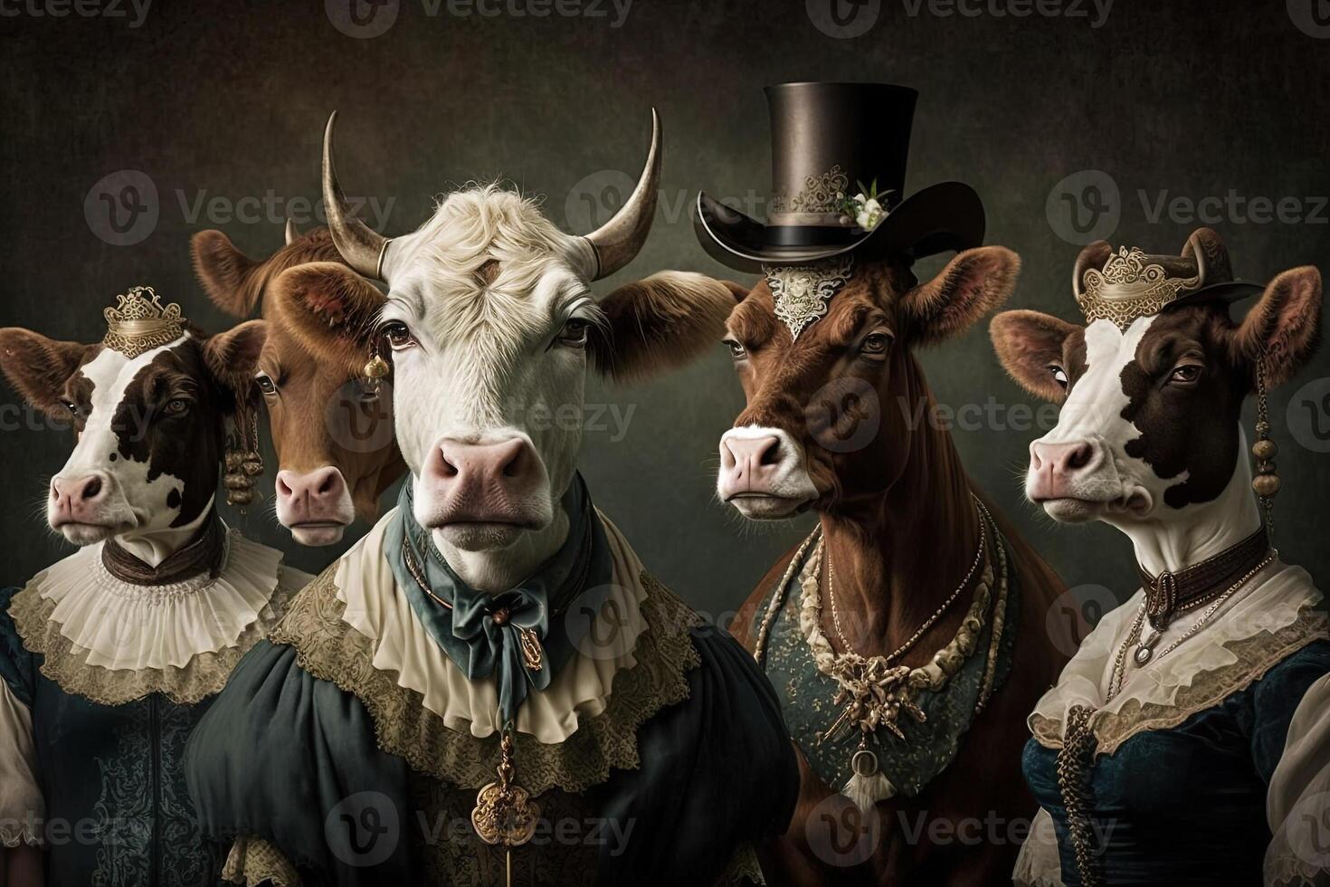 koeien en stieren dieren gekleed in Victoriaans tijdperk kleding illustratie generatief ai foto