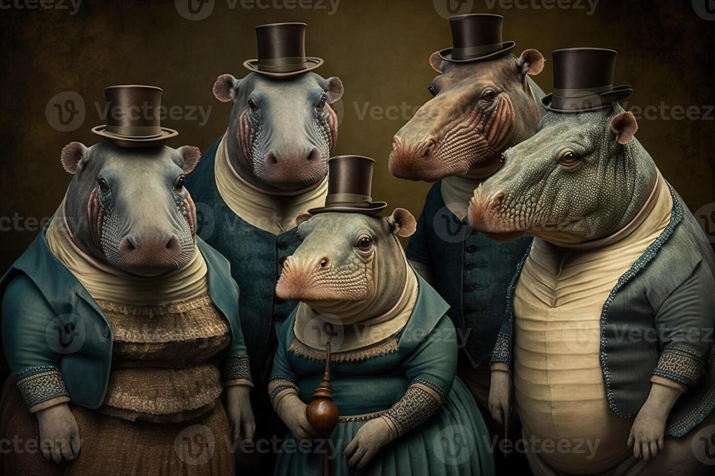 nijlpaard dieren gekleed in Victoriaans tijdperk kleding illustratie generatief ai foto