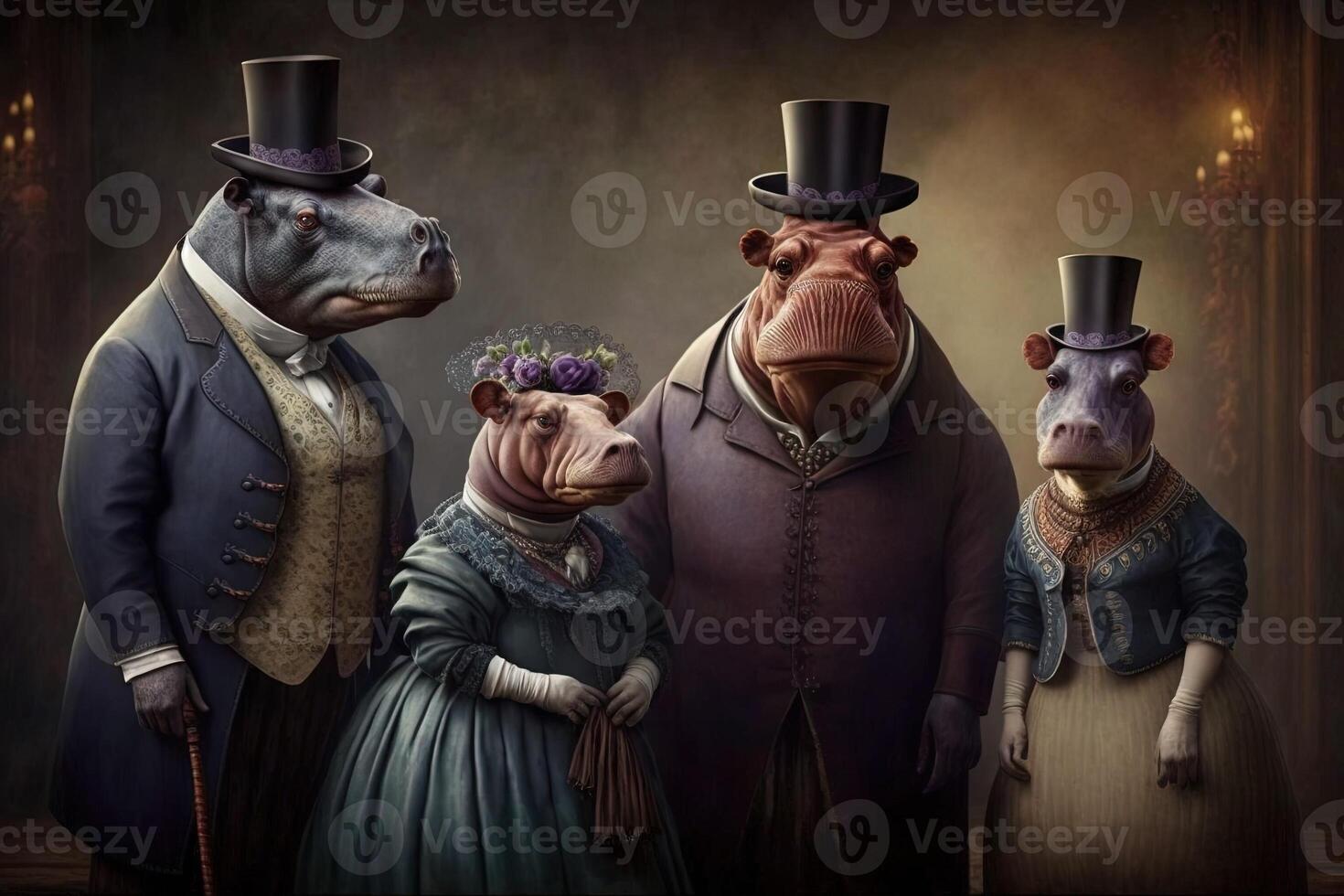 nijlpaard dieren gekleed in Victoriaans tijdperk kleding illustratie generatief ai foto