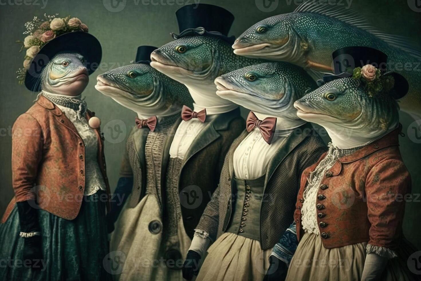 Zalm vis dieren gekleed in Victoriaans tijdperk kleding illustratie generatief ai foto