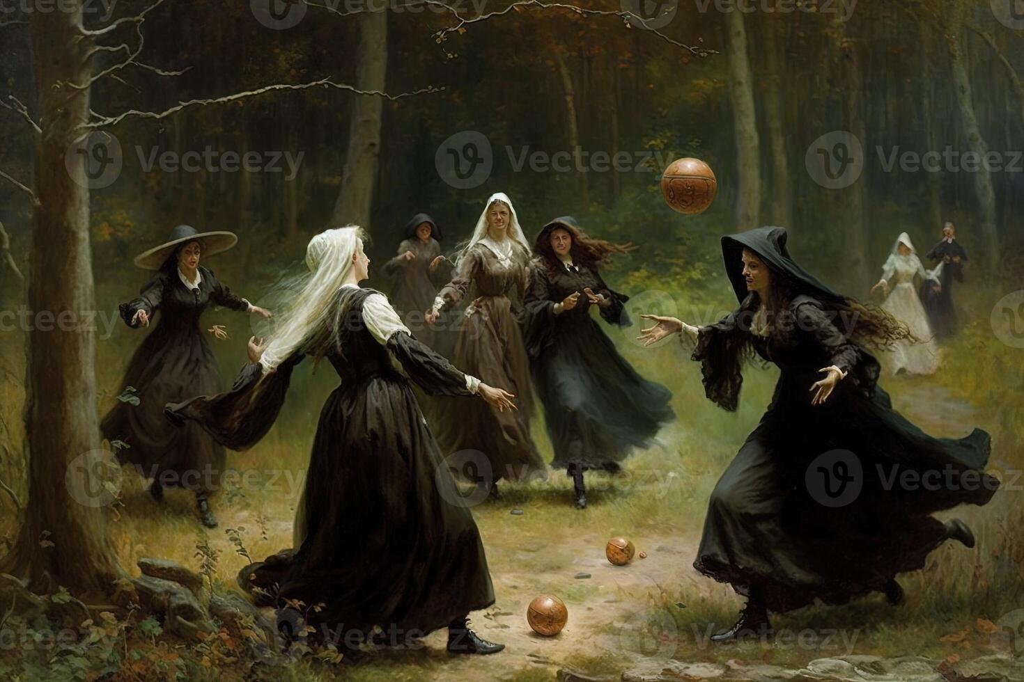 groep van heksen spelen een bezem voetbal bal spel in de Woud illustratie generatief ai foto