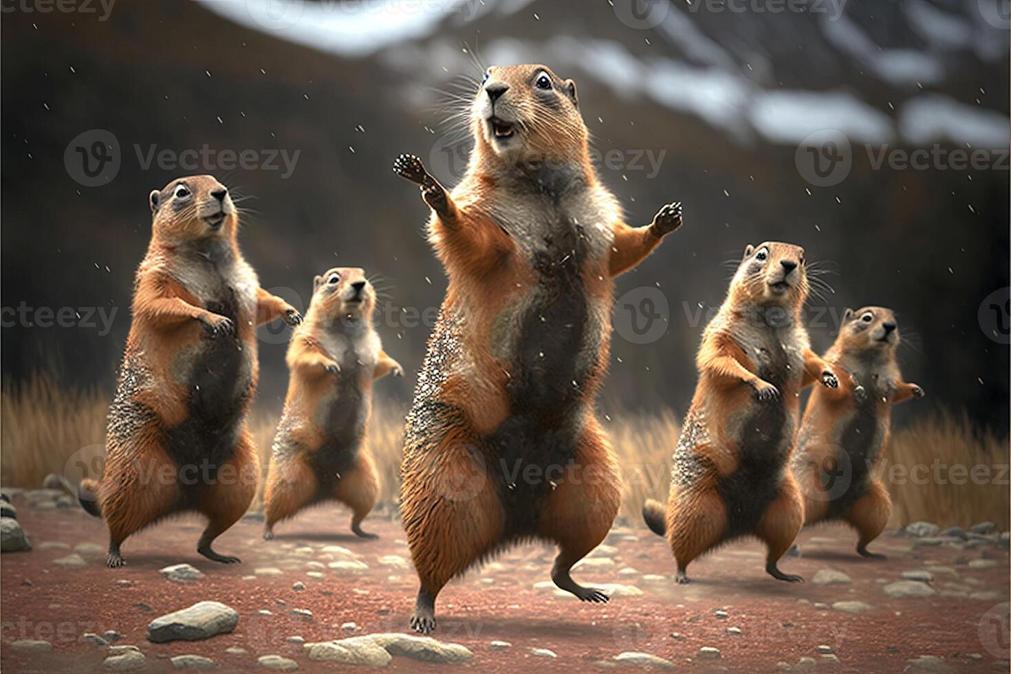 veel marmotten dansen voor groundhog dag. marmot viering 2 februari illustratie generatief ai foto