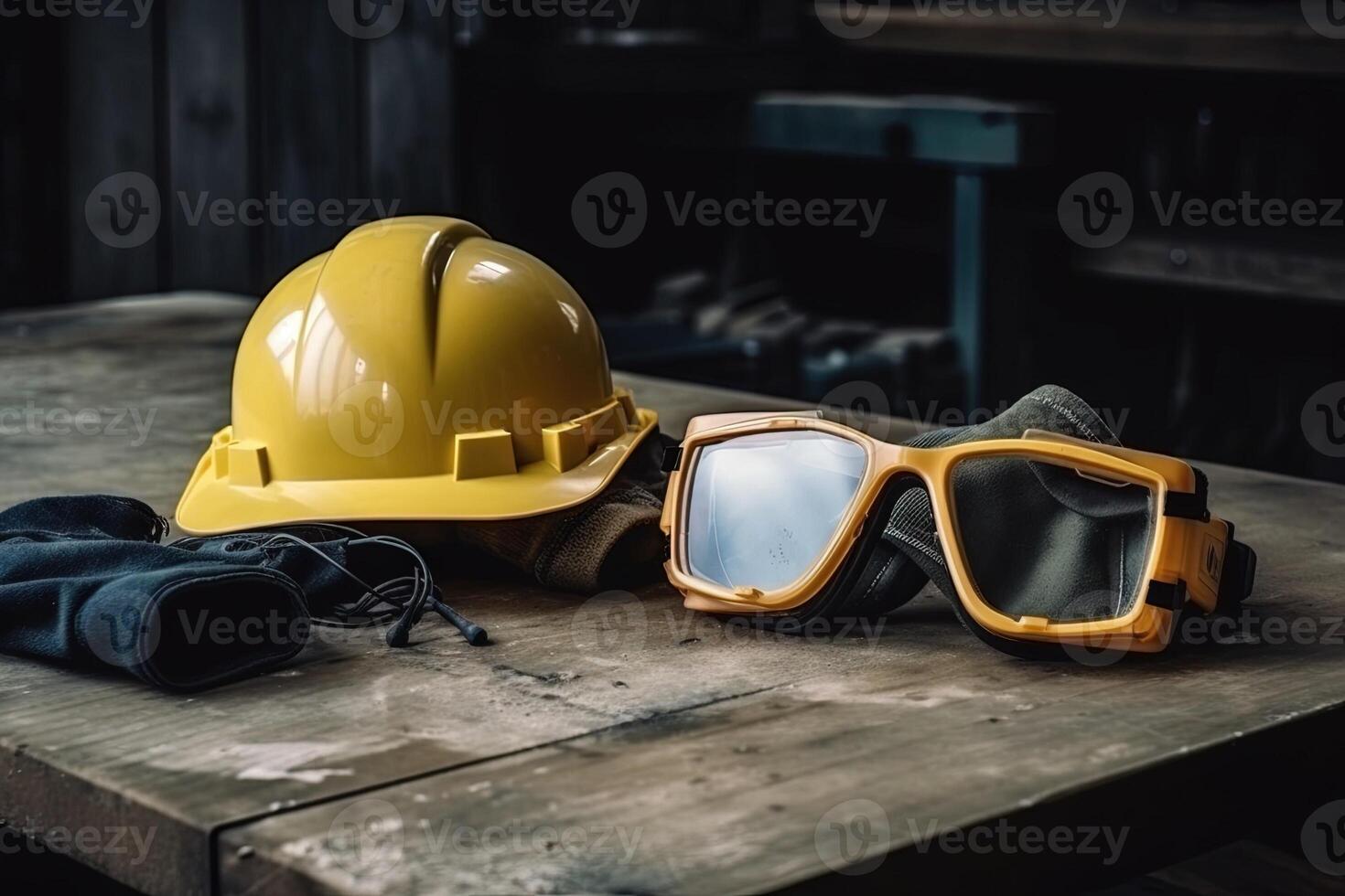 veiligheid bescherming uitrusting werk veiligheid. bouw plaats beschermend uitrusting Aan houten achtergrond illustratie generatief ai foto