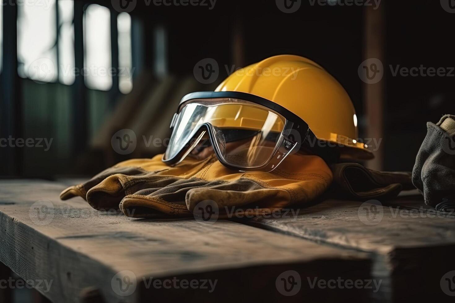 veiligheid bescherming uitrusting werk veiligheid. bouw plaats beschermend uitrusting Aan houten achtergrond illustratie generatief ai foto