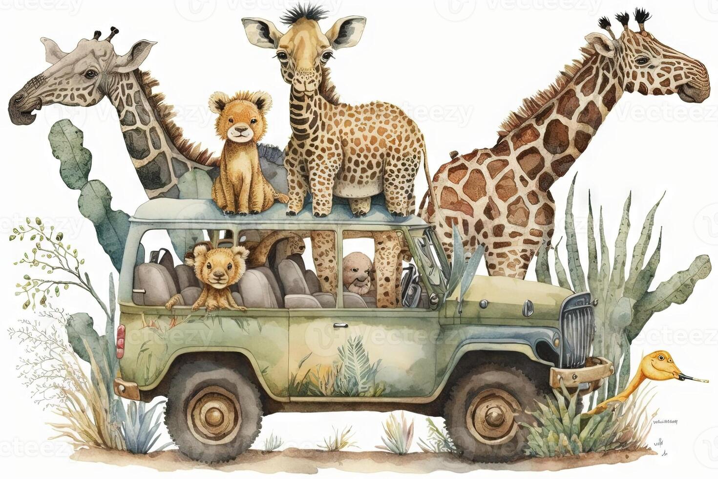 baby safari dieren in jeep illustratie generatief ai foto