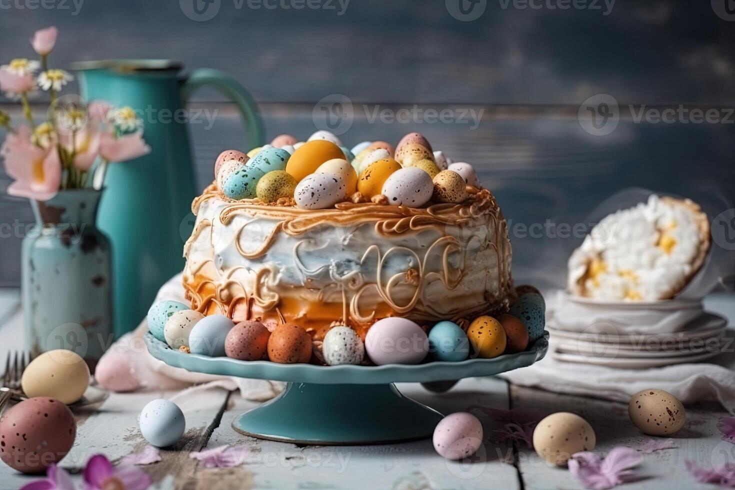 traditioneel Pasen cakes met schuimgebakjes en geschilderd eieren Aan wit houten tafel illustratie generatief ai foto