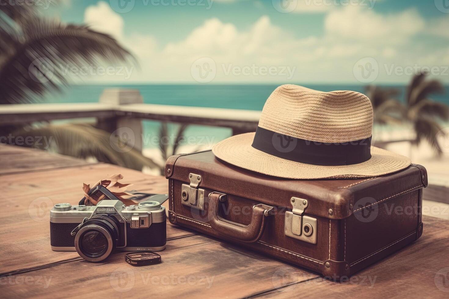 wijnoogst koffer, hipster hoed, foto camera zomer vakantie en reis op reis concept. illustratie generatief ai