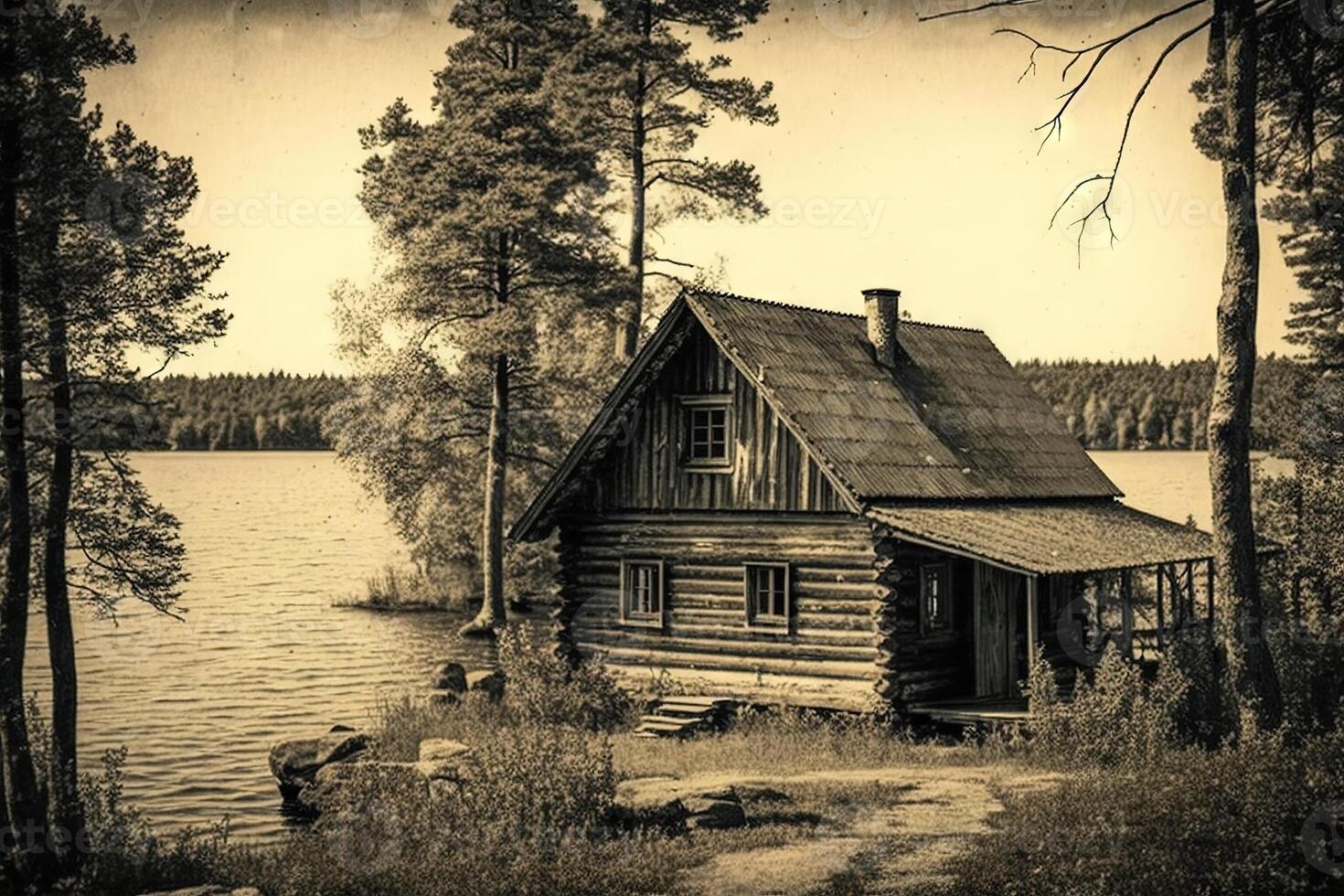wijnoogst stijl foto van houten terugtrekken hut cabine in de buurt een meer in de bossen illustratie generatief ai