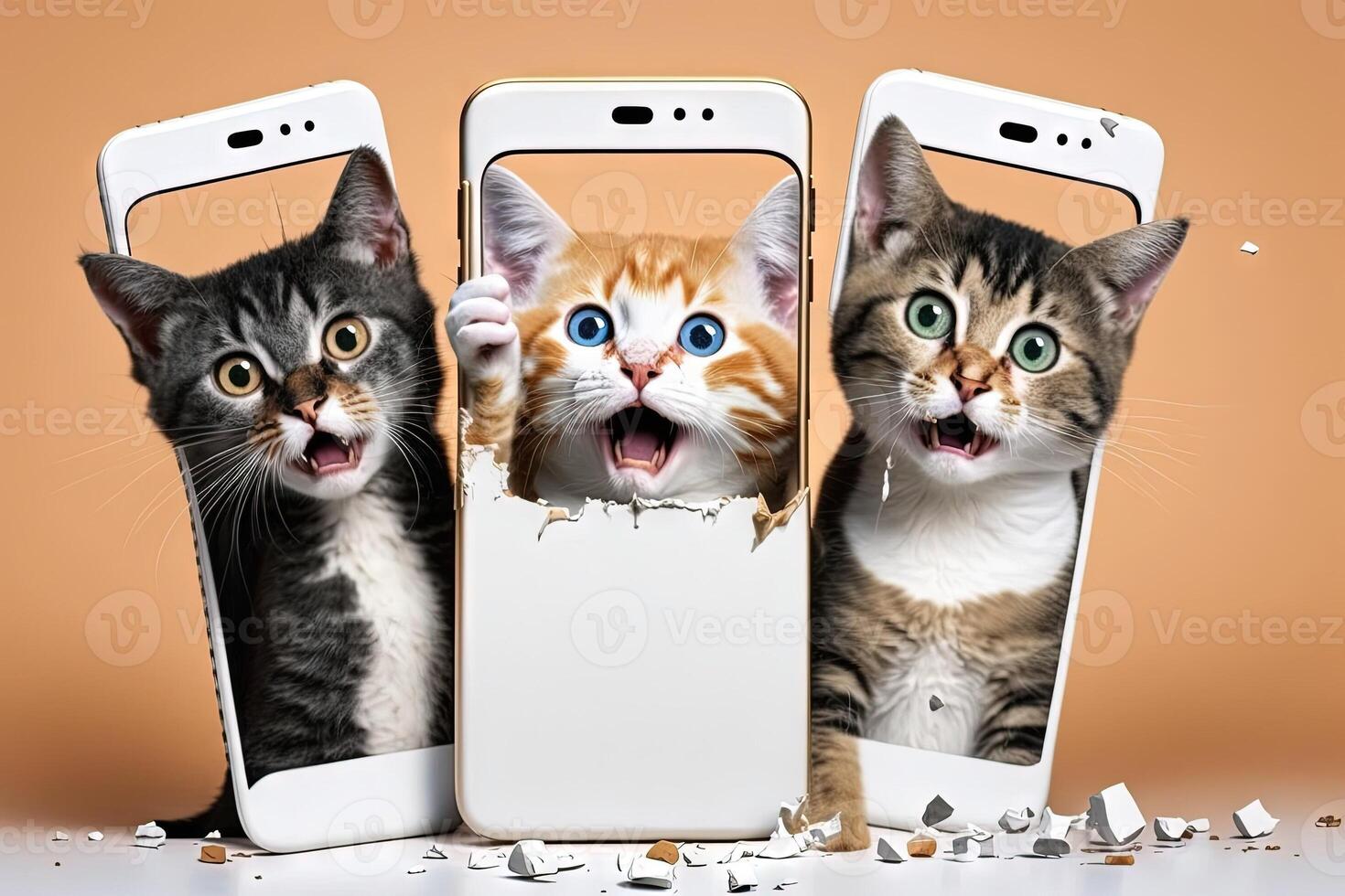 wauw, Super goed aanbod concept. drie opgewonden verschillend kat 3 groot cel telefoons tonen naar camera door gescheurd papier gaten. illustratie generatief ai foto