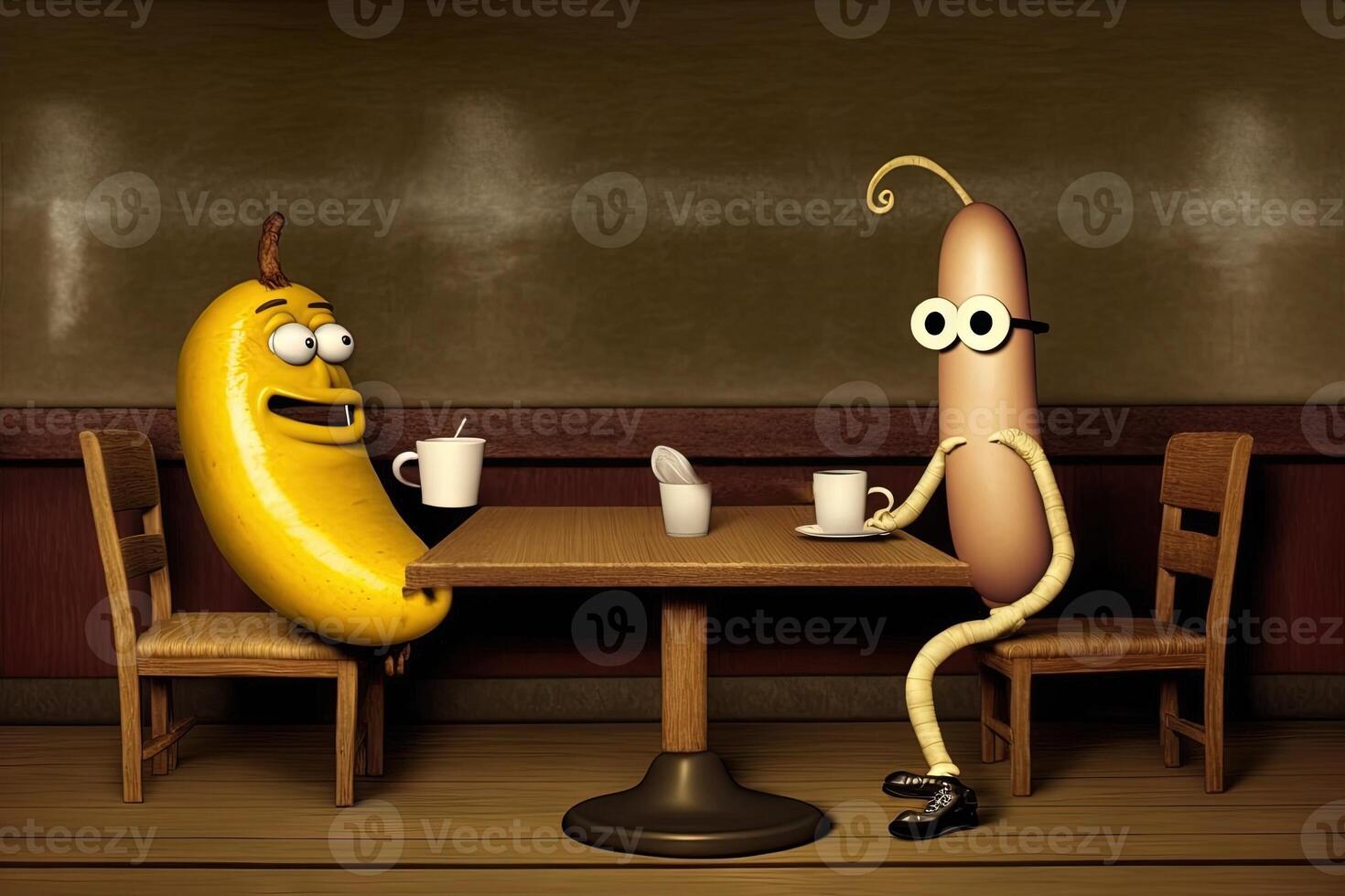 banaan en worst hebben gesprek in een restaurant illustratie generatief ai foto