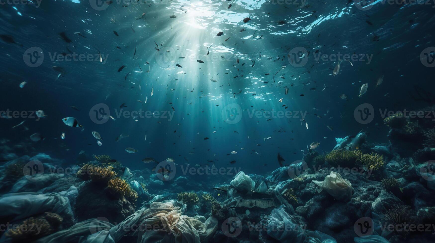 fles plastic verontreiniging in oceaan - onderwater- schijnen met vuilnis drijvend Aan zee - milieu probleem, ai generatief foto