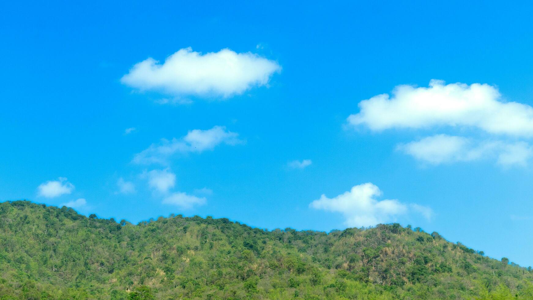 groen berg zier vol bomen Woud. onder de blauw lucht met wit wolken. foto