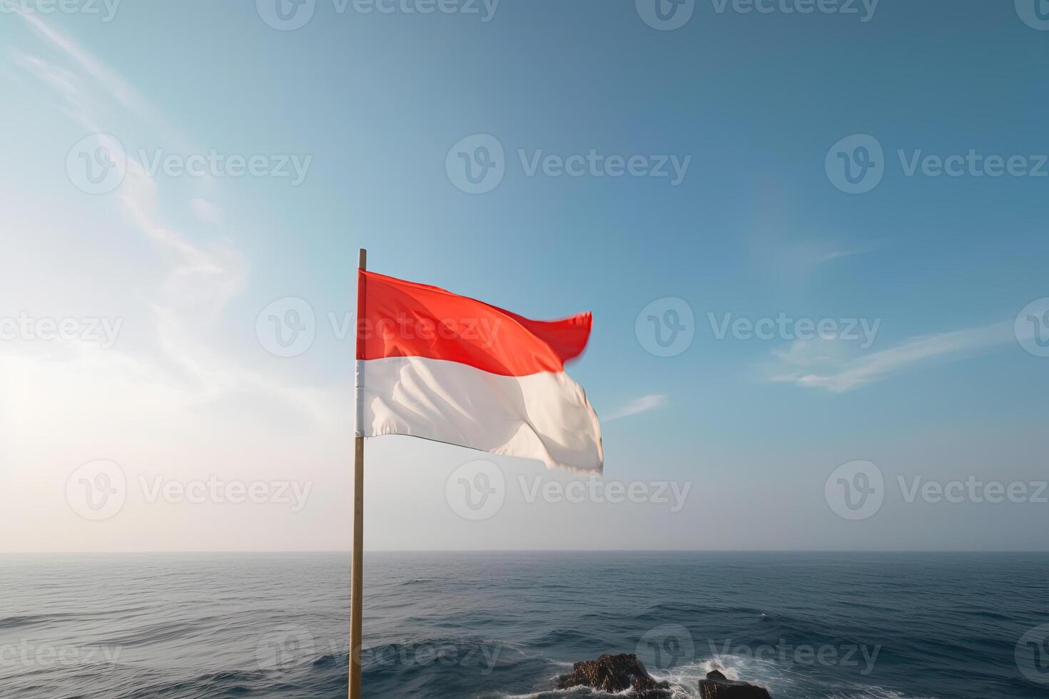 Indonesië nationaal vlag golvend in de blauw lucht Aan de oceaan achtergrond. rood en wit vlag met wolken. ai gegenereerd foto