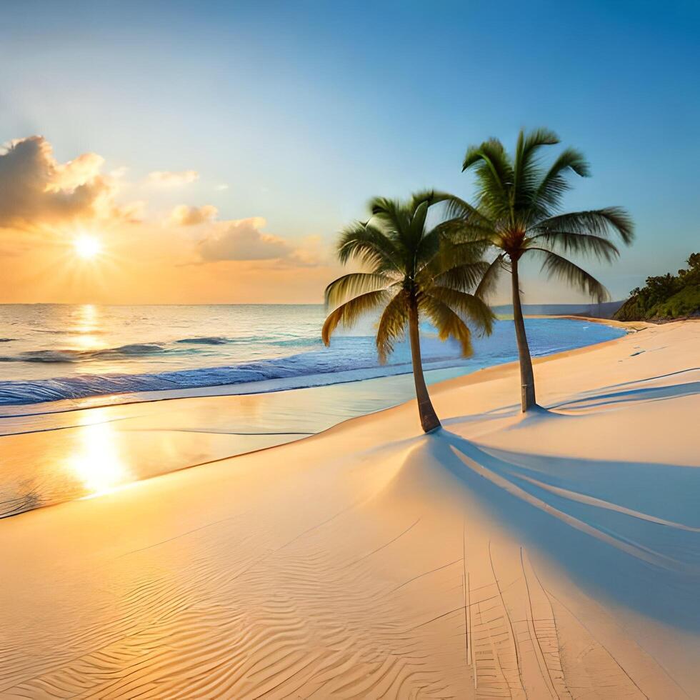 visie van de strand met kokosnoot bomen Bij zonsondergang. gegenereerd ai. foto