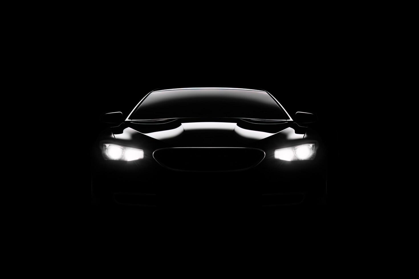 voorkant visie donker silhouet van een modern luxe zwart auto geïsoleerd Aan zwart achtergrond. ai gegenereerd foto