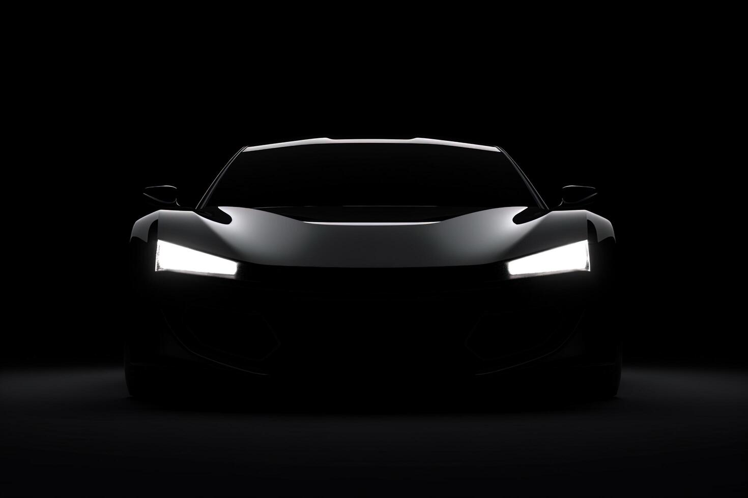voorkant visie donker silhouet van een modern sport zwart auto geïsoleerd Aan zwart achtergrond. ai gegenereerd foto