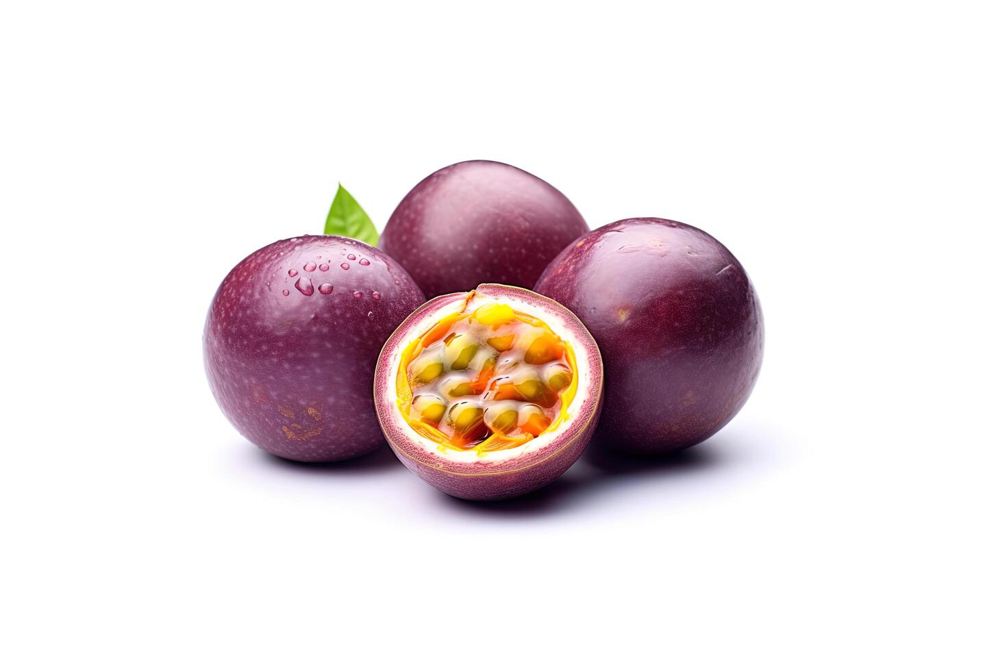 vers geheel en gesneden Purper passie fruit geïsoleerd Aan wit achtergrond. ai gegenereerd foto