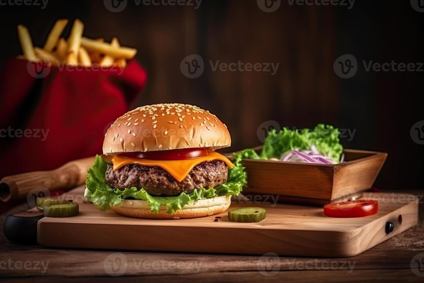 kaas hamburger - Amerikaans kaas hamburger met gouden Frans Patat Aan houten achtergrond. generatief ai foto