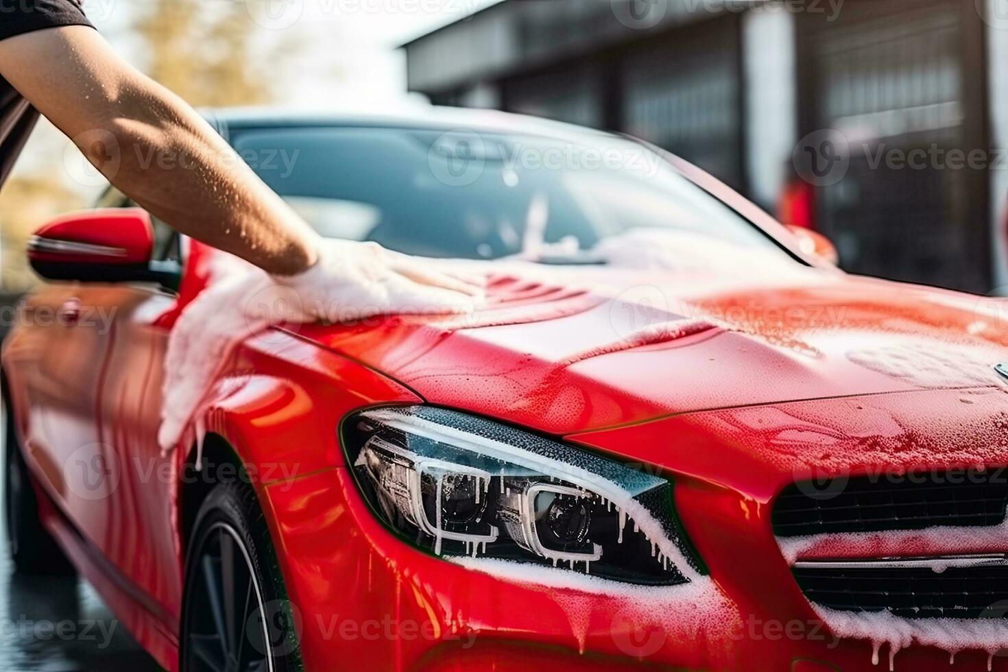 dichtbij omhoog Mens het wassen haar auto in een zelf - onderhoud auto wassen station. auto wassen zelf - onderhoud foto