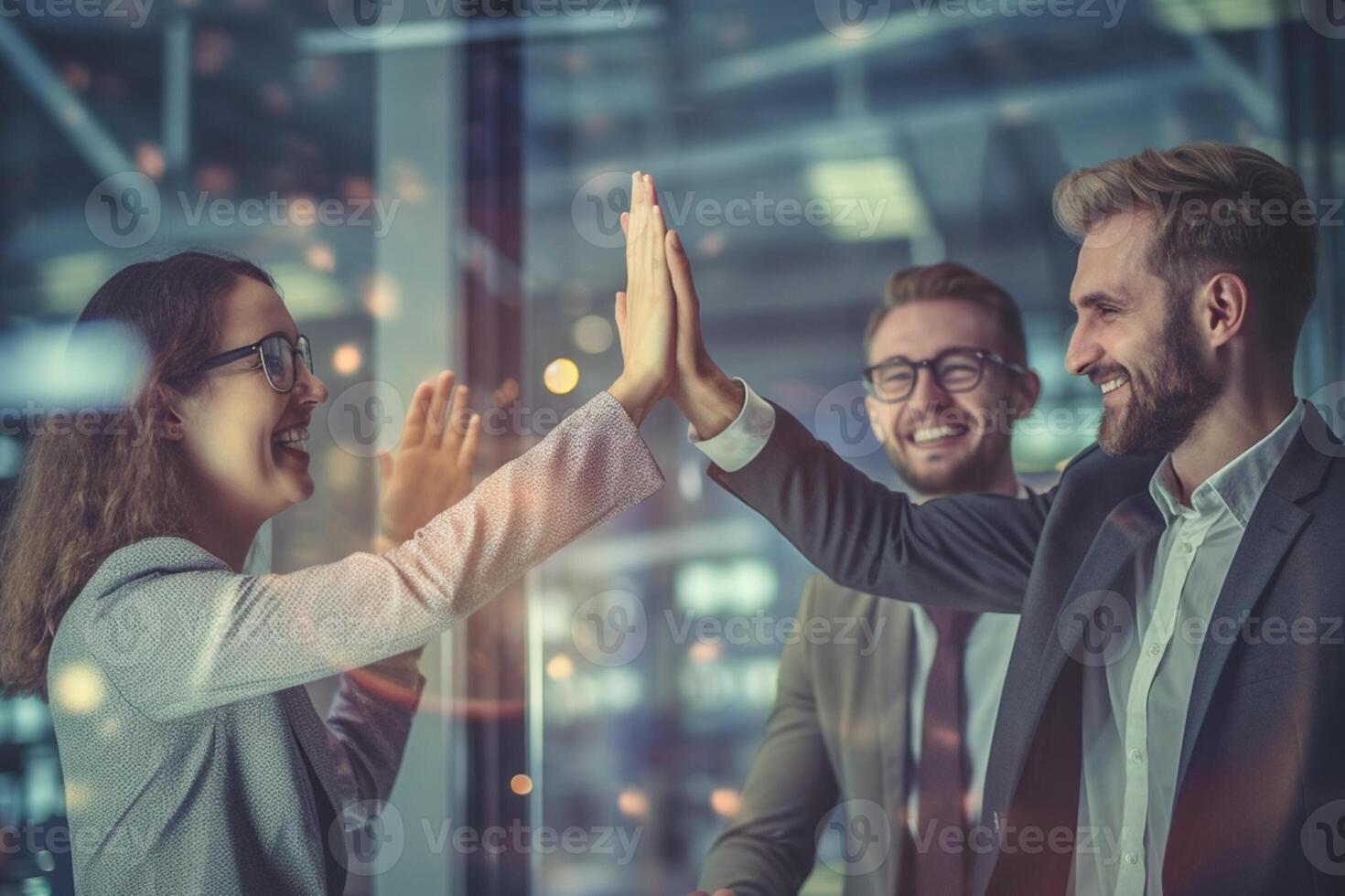 gelukkig mensen zijn geven elk andere een hoog vijf in een helder bedrijf kantoor met generatief ai foto