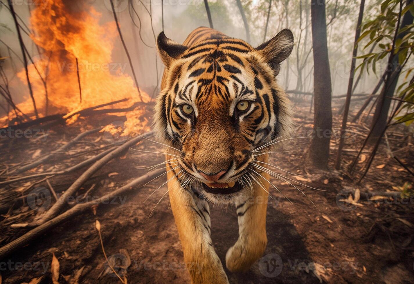 een potrait van arm tijger looks verdrietig en boos proberen naar aanval Bij brandend Woud ai gegenereerd foto