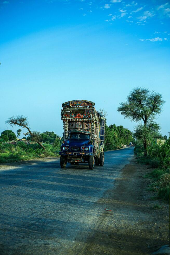 traditioneel versierd vrachtwagens Aan snelweg deze Pakistaans vrachtwagens zijn wereld beroemd voor hun kunstwerk. foto