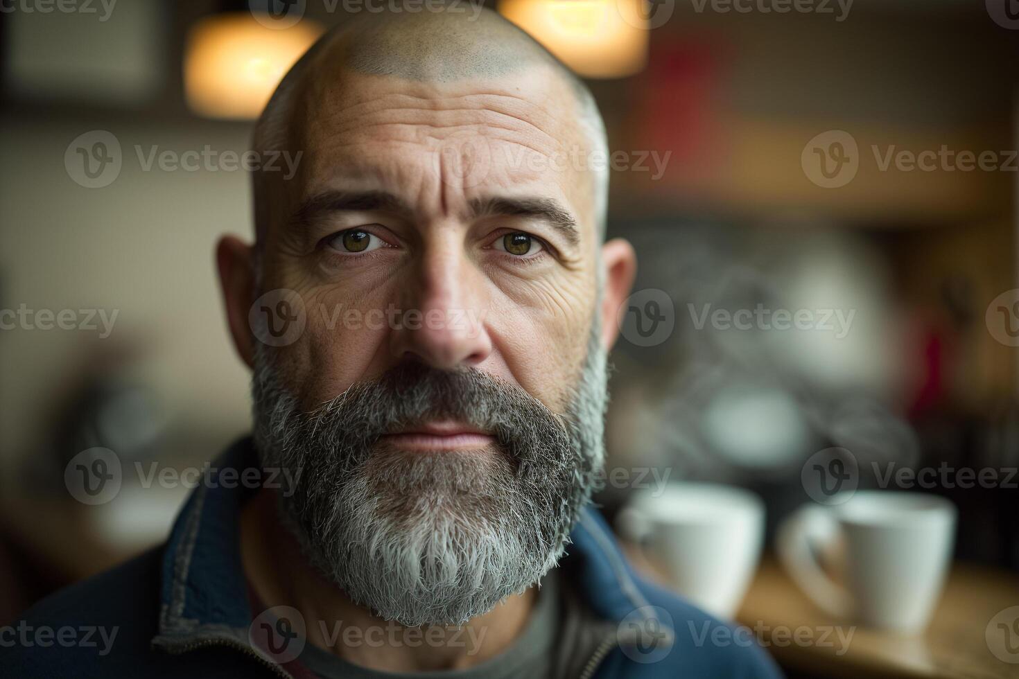 een Mens met een baard en snor is staand in voorkant van een koffie winkel. ai gegenereerd foto