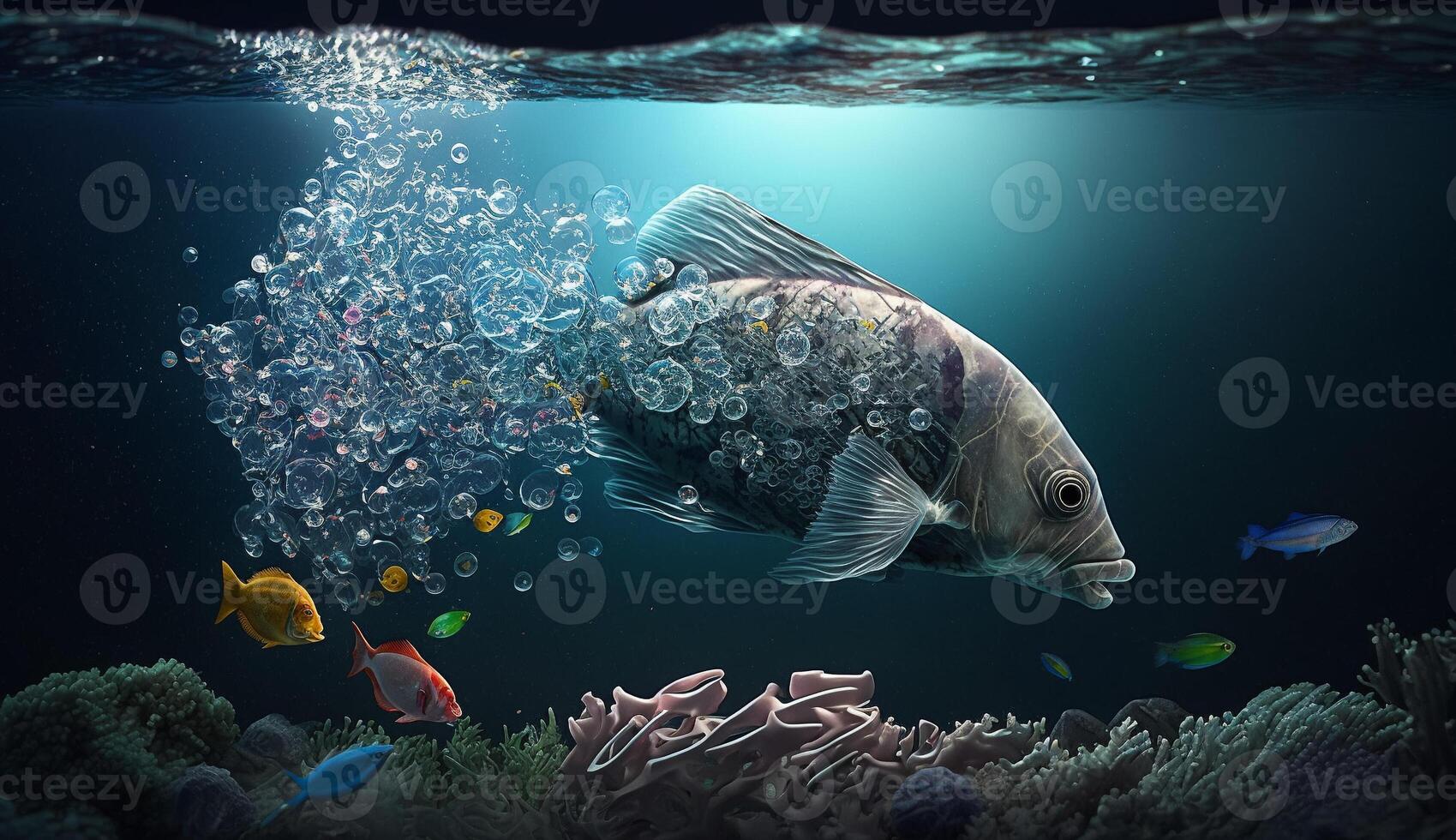 een vis in een aquarium met veel bubbels en een blauw achtergrond. ai gegenereerd foto