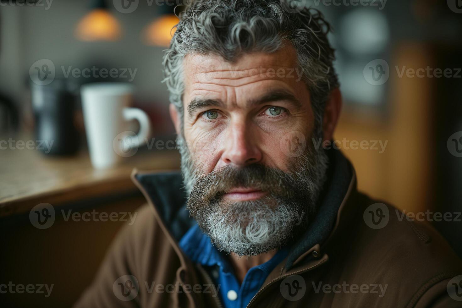 een Mens met een baard en een mok van koffie. ai gegenereerd foto