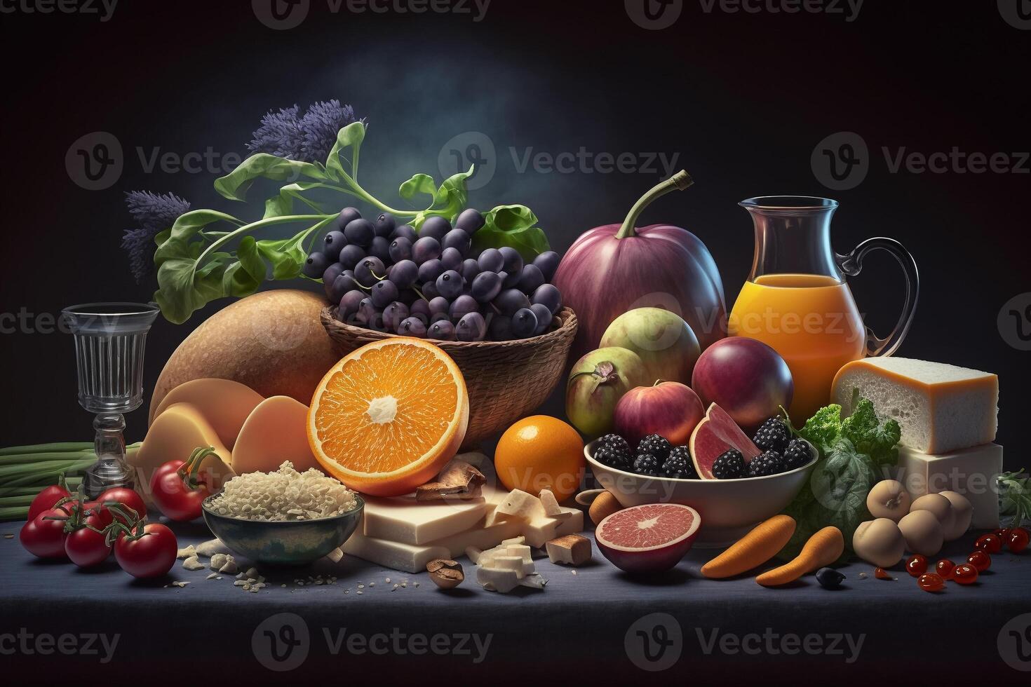 een schilderij van fruit en groenten. ai gegenereerd foto