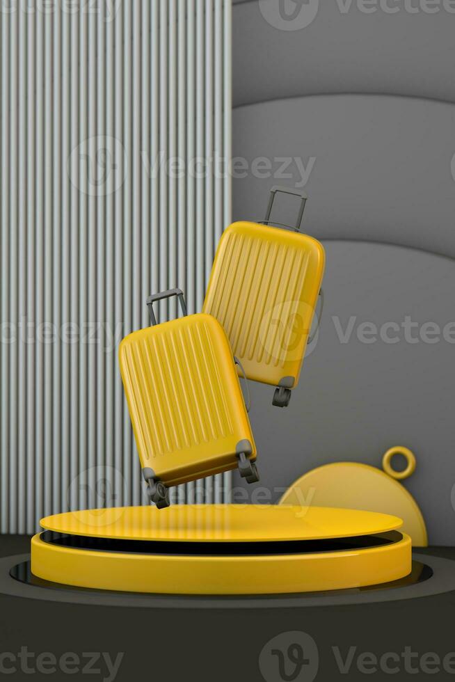 twee geel koffers drijvend Aan modern geel podium foto