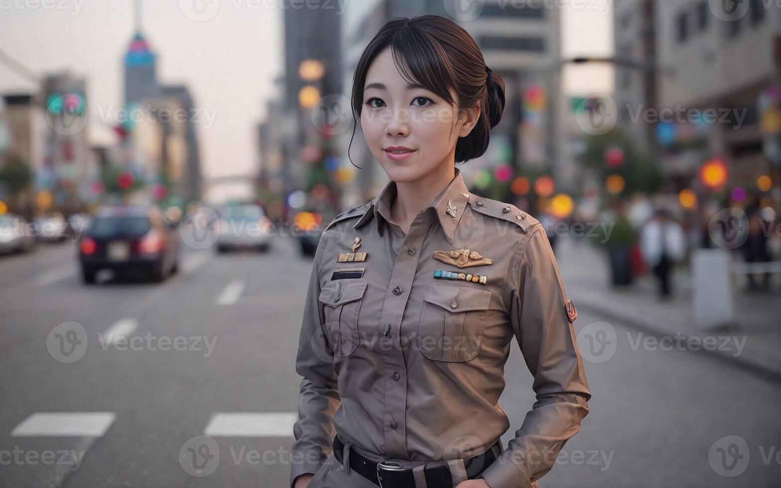 portret van mooi Thais Aziatisch Politie vrouw vervelend uniform, generatief ai foto