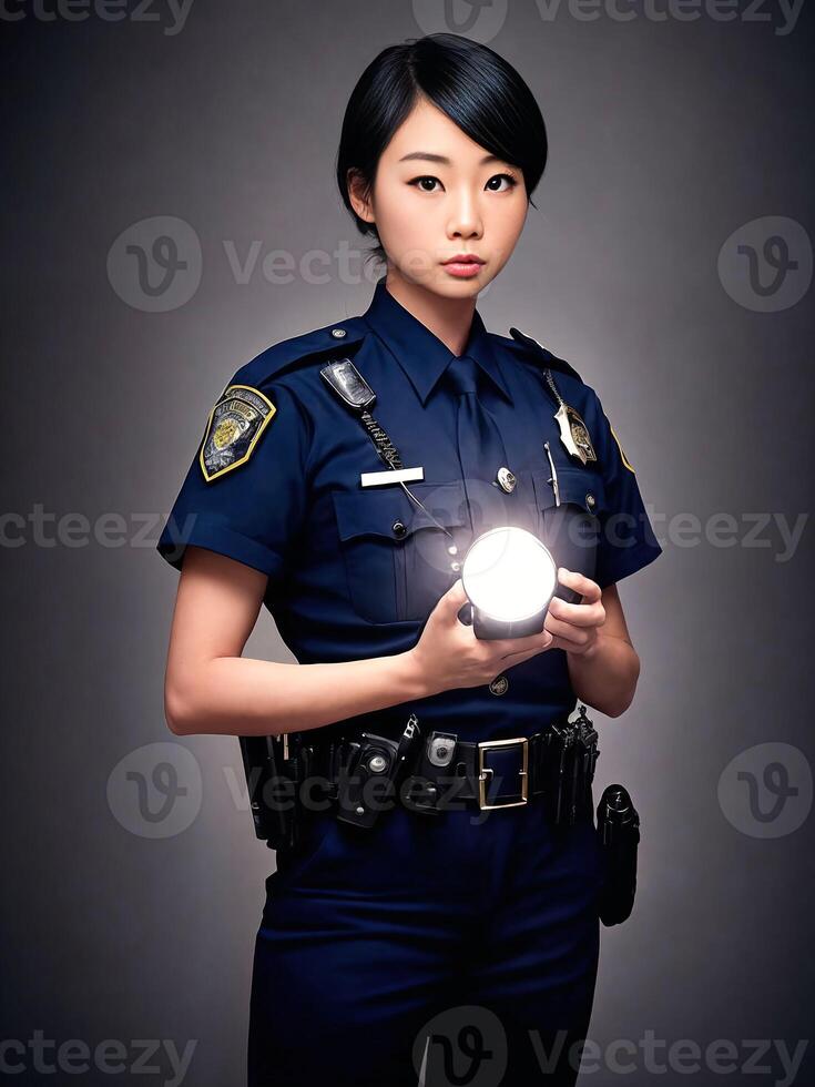 portret van mooi Aziatisch vrouw vervelend Politie kleding, generatief ai foto