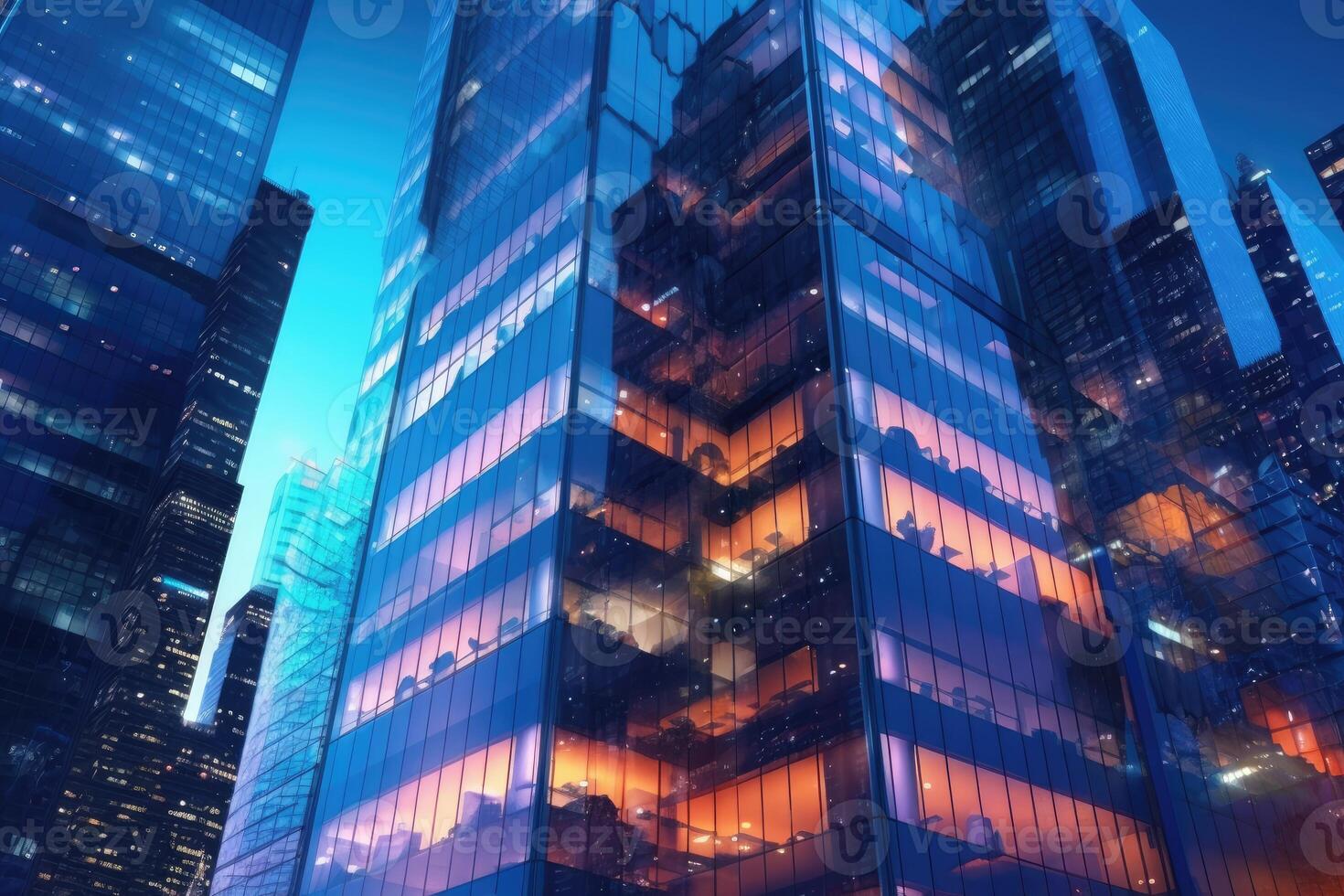 kantoor gebouwen in financieel wijk met nacht lichten en lucht weerspiegeld Aan modern glas muren van wolkenkrabbers. generatief ai foto