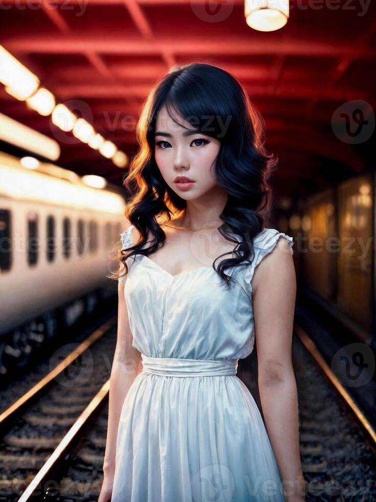 mooi Aziatisch vrouw Bij Hoi snelheid trein station, generatief ai foto
