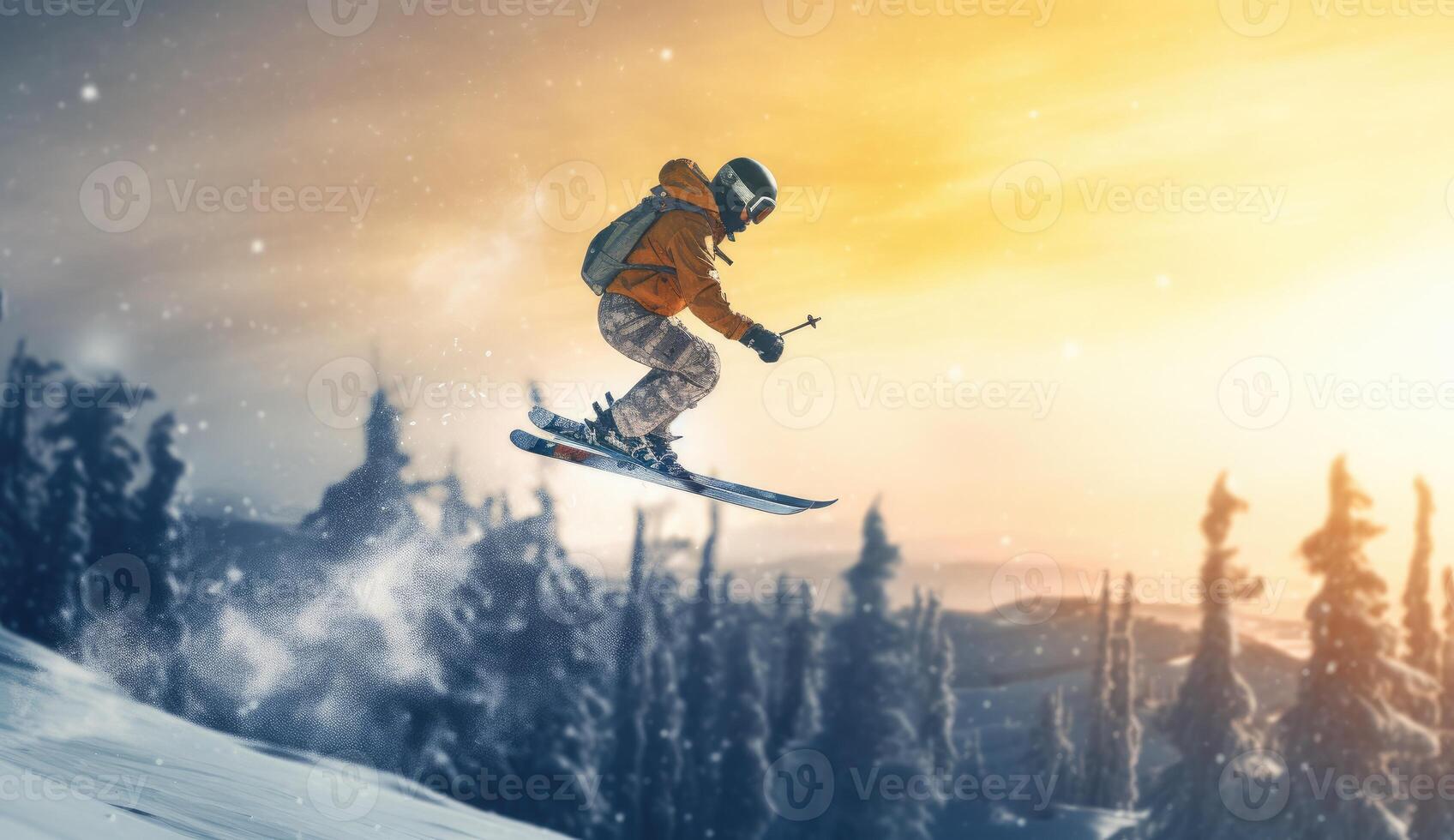 skiër jumping Aan een besneeuwd berg. generatief ai foto